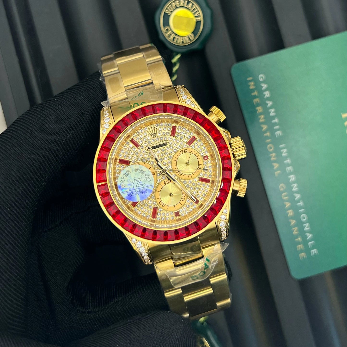 Rolex Daytona Cosmograph Inspired – Gold with Emerald Bezel, Sapphire Glass, Water Resistant