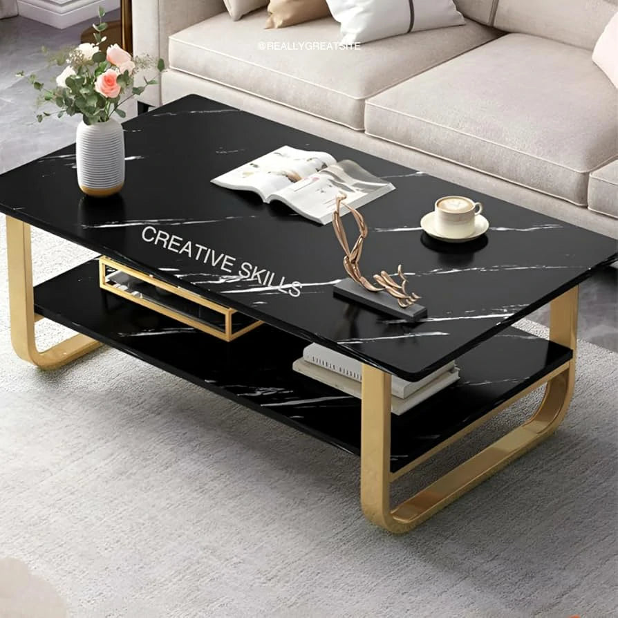 Modern Luxury Center Table – Black Marble Look with Gold Metal Frame