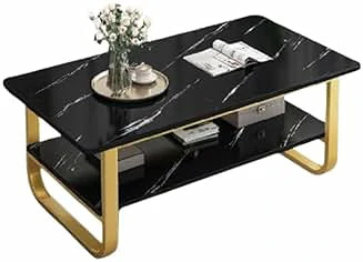 Modern Luxury Center Table – Black Marble Look with Gold Metal Frame