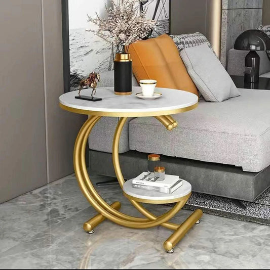 Contemporary Round Side Table with Dual Shelves and Artistic Base Design