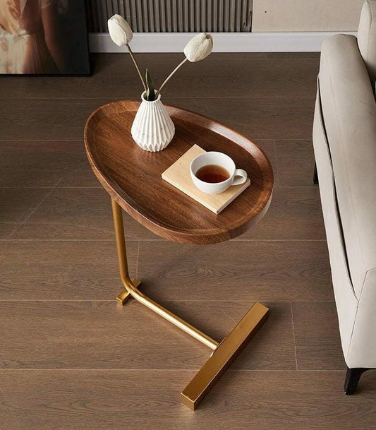 Elegant Wooden Side Table with Gold Metal Base