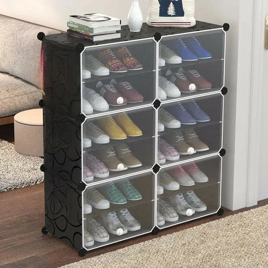 6-Door Polypropylene Plastic Shoe Rack with Side Hooks