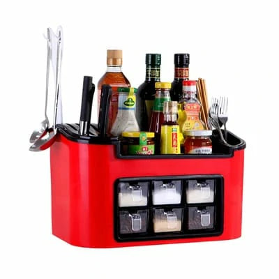 All-in-One Kitchen Rack with Knife Block, Spice Boxes & Bottle Stand