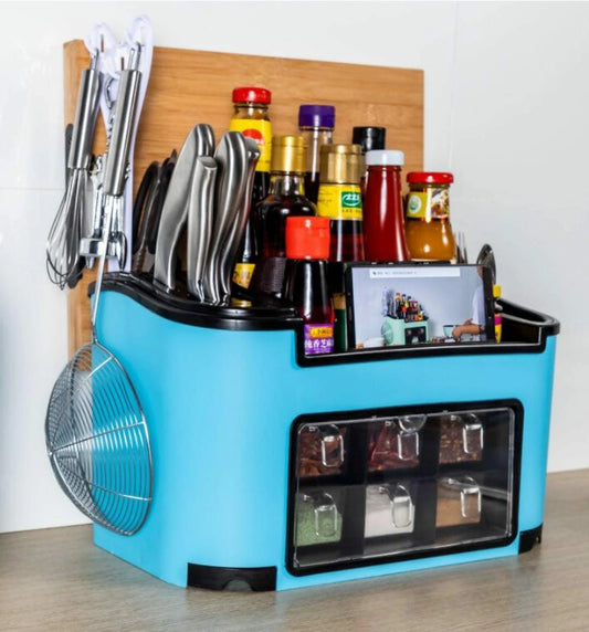 All-in-One Kitchen Rack with Knife Block, Spice Boxes & Bottle Stand