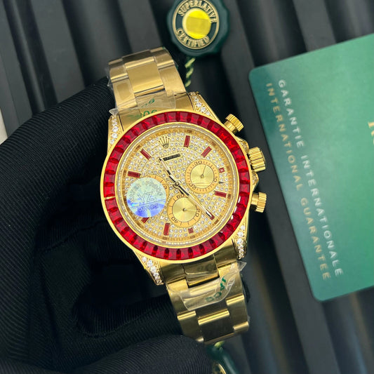 Rolex Daytona Cosmograph Inspired – Gold with Emerald Bezel, Sapphire Glass, Water Resistant