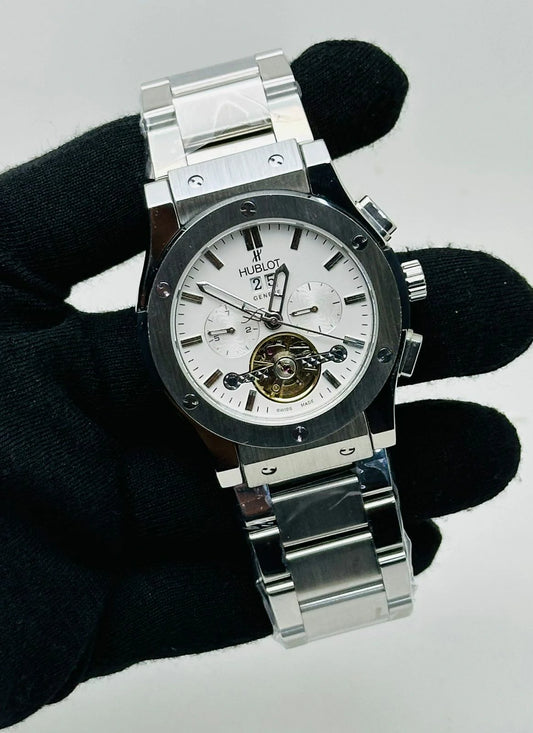 Hublot Inspired Automatic Men's Watch – Skeleton Dial & Stainless Steel Bracelet