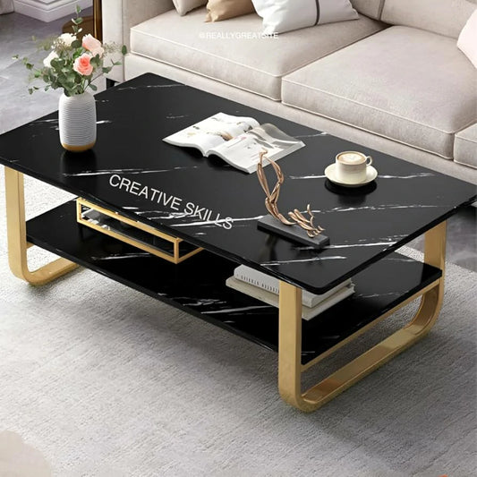 Modern Luxury Center Table – Black Marble Look with Gold Metal Frame